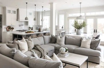 the living room and kitchen in an open concept home, featuring grey sofas with white accents, creating contrast against light walls