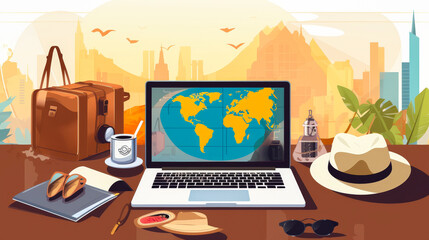 Travel influencer's flat design workspace with globe and suitcase symbols.