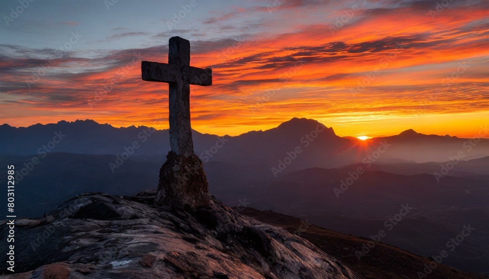 Wall mural a stone cross embedded in the rugged terrain of a mountain peak