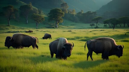 buffalo in the field , Buffalo eating grass