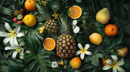 Vibrant tropical fruit arrangement with pineapple, oranges, and exotic flowers on lush green foliage.