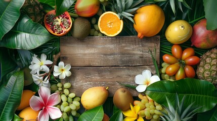 Vibrant tropical fruits and flowers frame a rustic wooden board, surrounded by lush green leaves.