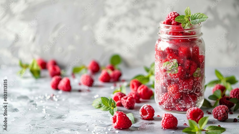 Wall mural Glass of raspberry smoothie on white table, Generative AI,