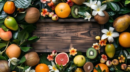 Vibrant tropical fruits and flowers arranged around a wooden board with copy space in the center.