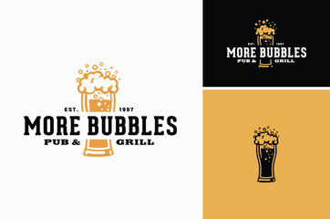 A glass of beer with bubbles foam froth for Pub Bar Beverage Tavern logo design