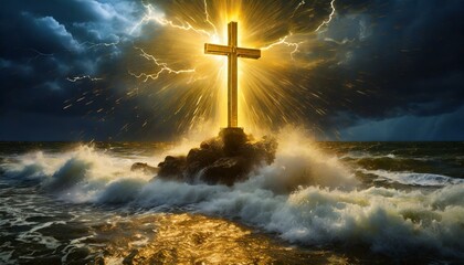 A Golden Cross Standing Tall Amidst The Crashing Waves of a Stormy Sea