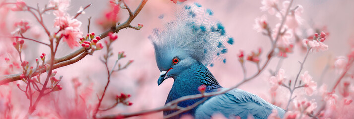Electric blue fan pigeon perched on twig in plant with pink flowers. Generative AI