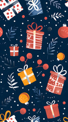 Seamless pattern, New Year's card or wallpaper featuring graphics such as gift boxes, Santa Claus, reindeer, and ornaments.