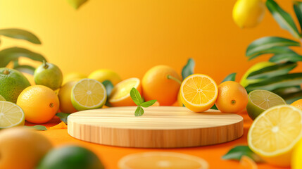 Lemon product podium, fruit platform, yellow citrus cosmetics scene. Sales podium, art. Summer juice food presentation podium background. Beauty of natural wood drinks