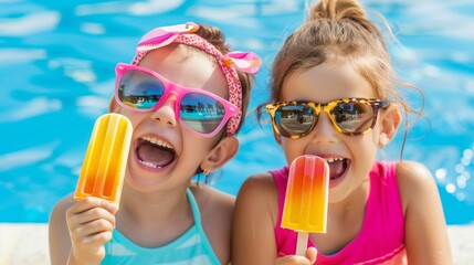 siblings enjoy eating ice cream at the swimming pool. Summer vacation concept.