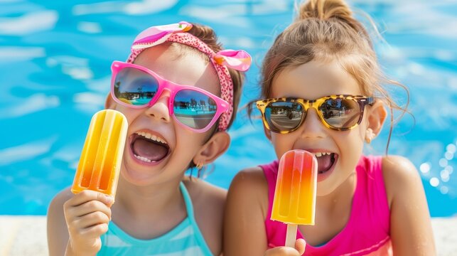 siblings enjoy eating ice cream at the swimming pool. Summer vacation concept.
