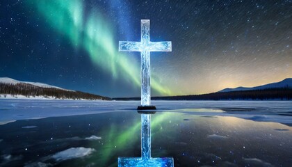 A Crystal Cross Suspended Above The Icy Waters of a Frozen Lake