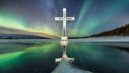 Naklejka premium A Crystal Cross Suspended Above The Icy Waters of a Frozen Lake