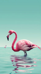 Flamingo. A Greater flamingo wades in the lake, its pink feathers reflecting in the water. Generative AI
