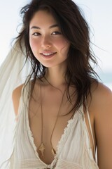 Beach Chic Style: Full face no crop of a Pretty Young Japanese Super Model in a Stylish One-Piece Swimsuit and Flowy Cover-Up, radiating beach chic elegance with a carefree smile