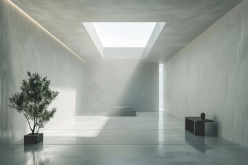 A minimalist interior space where symmetry and clean lines promote a sense of peace and balance