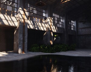 3D rendered interior of an abandoned industrial space