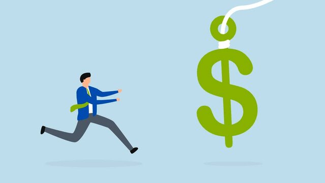 Financial fraud, 4k animation of investor runs to get money US dollar with hidden phishing bait.