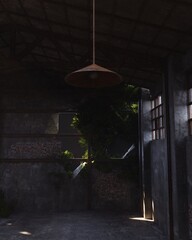 3D rendered interior of an abandoned industrial space
