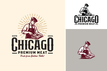 A Gentleman Butcher is cutting and slicing a pork or beef using a boning knife. Vintage Classic Logo Design for Premium Meat Shop or Butchery logo design