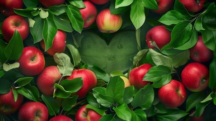 Lush image of fresh red apples surrounded by abundant green leaves, forming a natural pattern. - obrazy, fototapety, plakaty