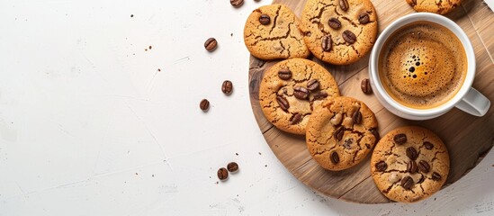 Espresso coffee and cookies arranged on a wooden cutting board against a white backdrop with room for text. - Powered by Adobe