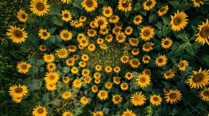 The aerial view of a sunflower field with each flower tilted towards the sun and creating a mesmerizing spiral pattern..