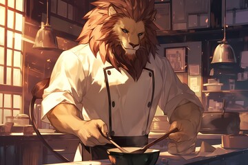 anime style illustration, lion chef is cooking
