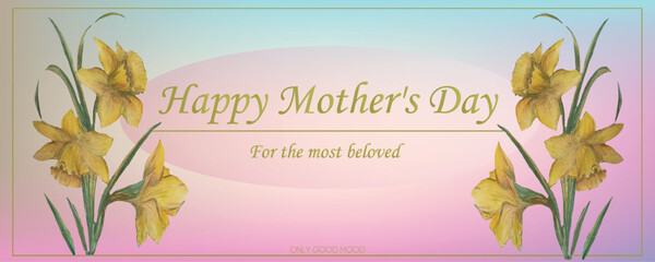  A Mother's Day greeting card featuring narcissus flowers on a soft background, in vector format