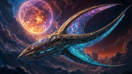 A shimmering celestial dragon ship, its metallic scales gleaming with otherworldly colors against a backdrop of swirling cosmic winds