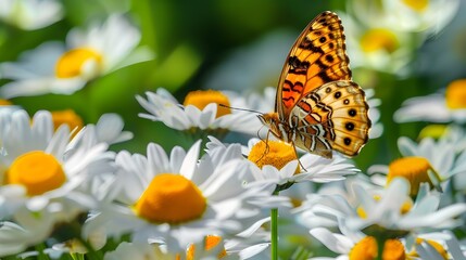 Butterfly on a spring flower. Backdrop with selective focus and copy space