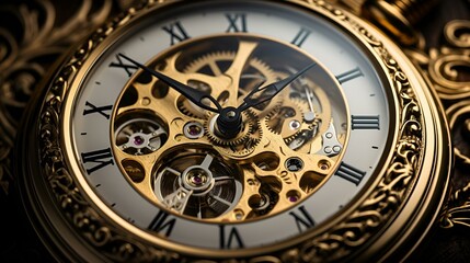 A close-up of a golden pocket watch with Roman numerals