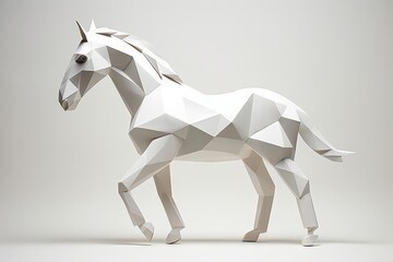 white horse made of polygons. Make the background white and the horse should be in a walking pose and facing the left.