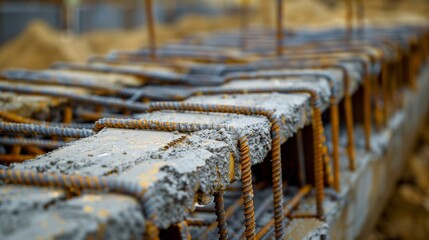 Close-up view of rusted rebar in concrete forms at a construction site with blurred background.