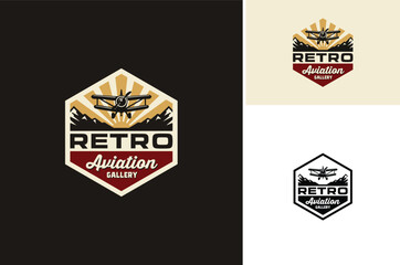 Vintage Plane with Mountain and Sky for Classic Aviation Aircraft Airline Airplane Flight Hexagon Emblem Badge Retro Label Logo Design © Enola99d