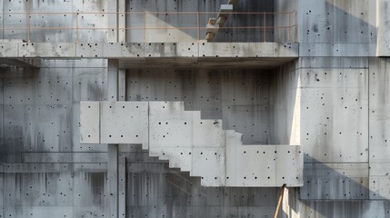 Close-up view of a geometric concrete facade with stair-like protrusions and shadow patterns.