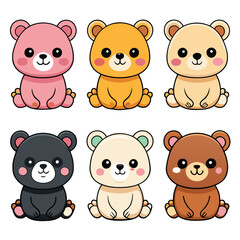 Nine vectors of a kawaii cute bears sitting, with white shadows in illustrations, black border, white background, different colors