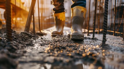 Close-up view of workers' feet in muddy boots at a construction site during sunrise. - Powered by Adobe