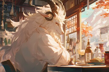 anime style illustration, goat chef is cooking