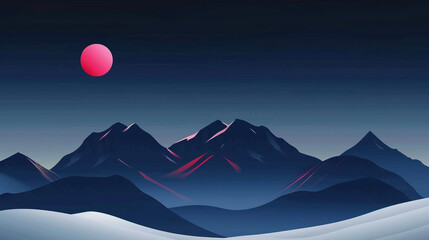 A minimalist illustration of the silhouette of snowcapped mountains against a dark blue sky with a glowing red sun. 
