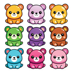 Nine vectors of a kawaii cute bears sitting, with white shadows in illustrations, black border, white background, different colors