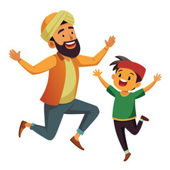 Punjabi father Indian father jumping son on hand on white background