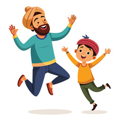 Punjabi father Indian father jumping son on hand on white background