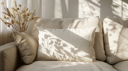 Serene indoor scene with sunlight casting shadows on a plain cushion and houseplants in a bright window setting