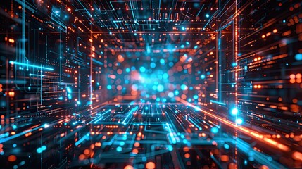 Naklejka premium A dynamic 3D illustration of a futuristic circuit board tunnel, illuminated by neon blue and red lights, symbolizing high-speed data flow.