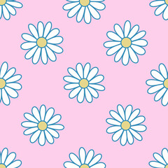 Chamomile seamless pattern. Hand drawn white daisies falling on pink background. Cute floral allover illustration. Simple flat flowers backdrop. Baby girl fashion 