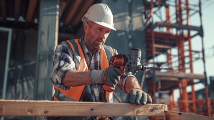A Construction Worker Drilling Wood