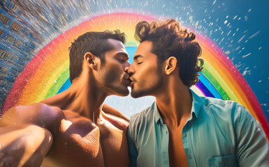 Giovane coppia gay innamorata su uno sfondo colorato - obrazy, fototapety, plakaty
