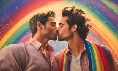 Giovane coppia gay innamorata su uno sfondo colorato