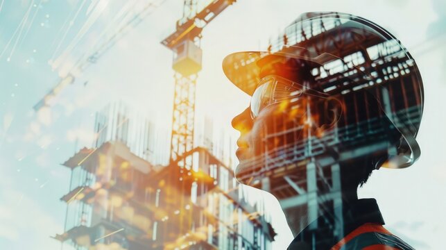 an engineer wearing a hardhat stands confidently, superimposed with a construction site backdrop, merges the individual expertise of the engineer with the bustling activity of a construction site
